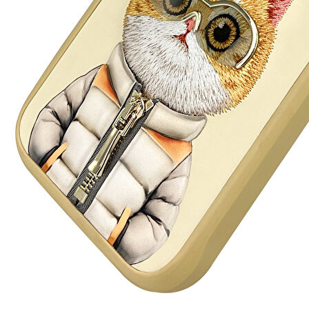 iPhone 16 Pro Uyumlu 3D Gözlük Fermuar Hipster Kedi Nakış İşlemeli Kabartmalı Cool Cute Kılıf