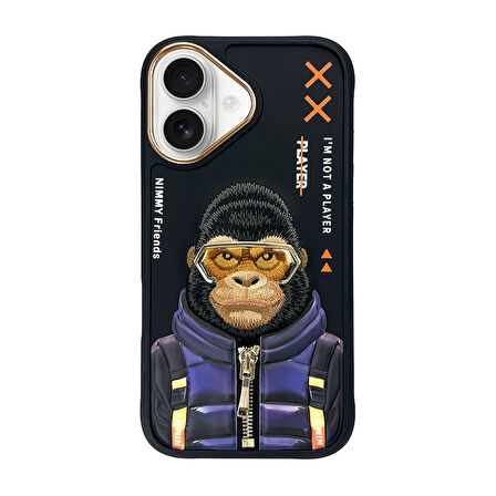 iPhone 16 Uyumlu 3D Gözlük Fermuar Goril Detaylı Nakış İşlemeli Kabartmalı Cool Cute Kılıf