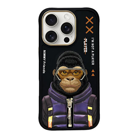 iPhone 16 Pro Max Uyumlu 3D Gözlük Fermuar Goril Detaylı Nakış İşlemeli Kabartmalı Cool Cute Kılıf