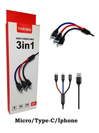 Torima 3A 3in1(Micro-Type-C-Iphone) Hızlı Şarj-Data Kablosu-U35