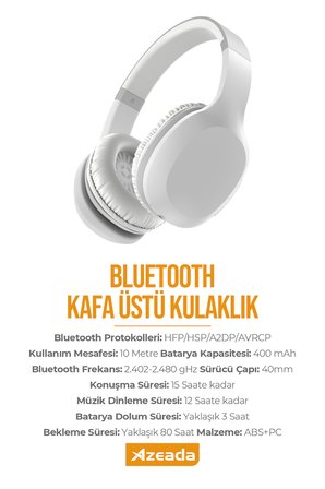 Android ve İOS Uyumlu Bluetooth Kafa Üstü Kulaklık - 12 Saat Müzik 15 Saat Konuşma Süres Beyaz BH500