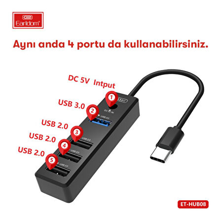 Earldom HUB08 Tak Çalıştır 3 Adet Usb 2.0 ve 1 Adet Usb 3.0 Çıkışlı Usb Çoklayıcı