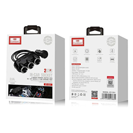 Earldom CS1 Dijital Voltaj Göstergeli 3 Adet Çakmaklık ve 2 Adet USB Çıkışlı 120W PD Hızlı Araç Şarj - Siyah