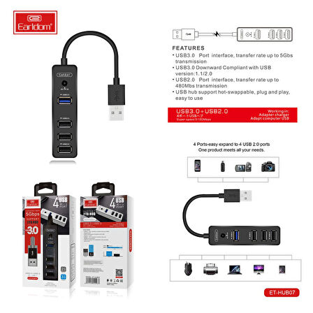 Earldom HUB07 Tak Çalıştır 3 Adet Usb 2.0 ve 1 Adet Usb 3.0 Çıkışlı Usb Çoklayıcı