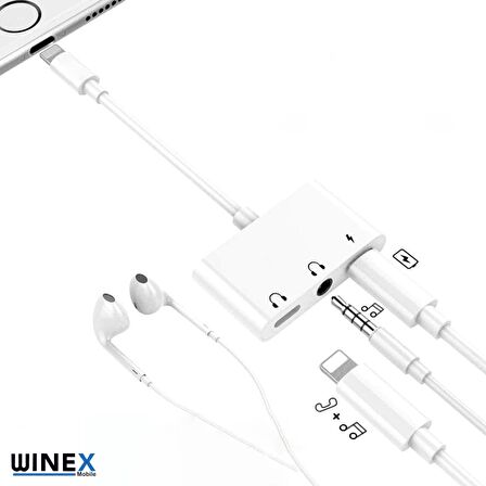 Winex 8Pin 3in1 Lightning to 3.5mm Aux + Lightnin Ses + Lightning Şarj Dönüştürücü Adaptörü Beyaz
