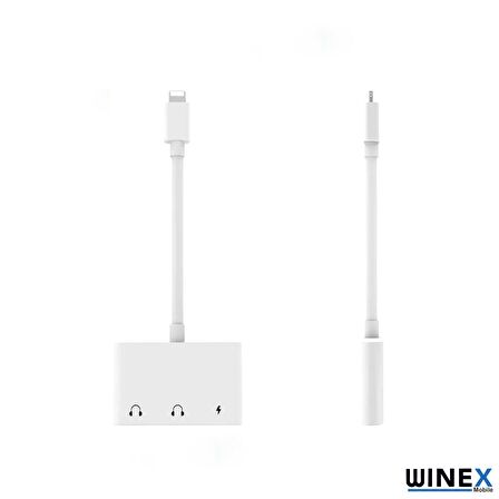 Winex 8Pin 3in1 Lightning to 3.5mm Aux + Lightnin Ses + Lightning Şarj Dönüştürücü Adaptörü Beyaz