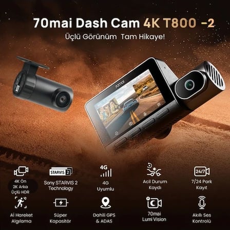 70MAİ T800-2 Ön Kamera +İç Kamera + RC24 Arka Kamera 128GB