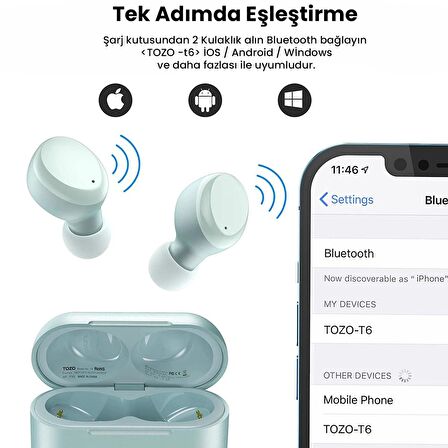 Tozo T6S IPX8 Su Geçirmez ENC Gürültü Engelleme Bluetooth 5.3 TWS Kablosuz Kulaklık Mavi