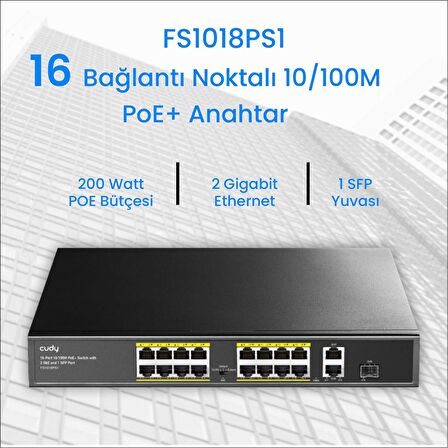 Cudy FS1018PS1 16 Port 10/100Mbps 200W PoE+,2 Gigabit Uplink Portlu, SFP VLAN CCTV SFP Switch