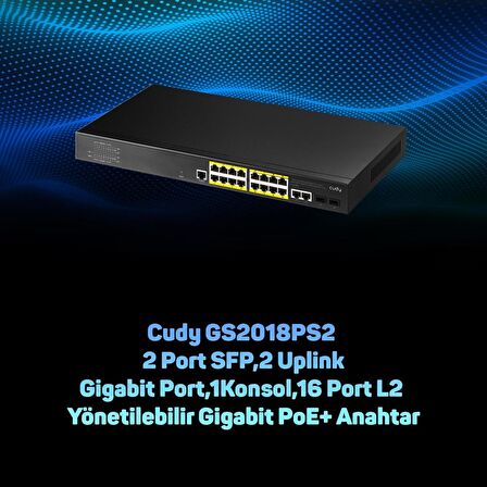 Cudy GS2018PS2 2SFP,2Uplink,1Consol,16 Port L2 Yönetilebilir Gigabit PoE+ Metal Rack Mount Switch