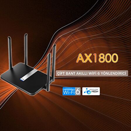 Cudy X6 5GHz 1200Mbps, 2.4GHz 574Mbps,5 Gigabit Port,4x5dBi, DDNS Wi-Fi 6 Mesh Router (AX1800Serisi)