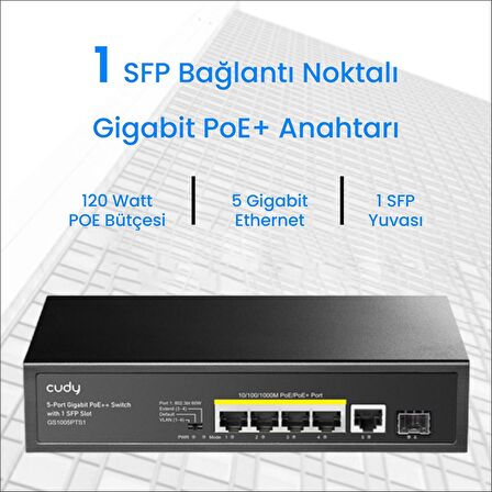 Cudy GS1005PTS1 1 Port Gigabit+ 4 Port Gigabit 120W PoE+1 Port SFP Gigabit Metal Switch