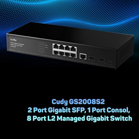 Cudy GS2008S2 2 Port Gigabit SFP, 1 Port Consol, 8 Port L2 Yönetilebilir Gigabit Metal Switch