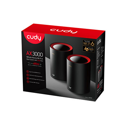 Cudy Router M3000 2-Pack Ax3000Mbps 2.4Ghz/5Ghz Ap/Re/Wısp 2.5Ge Mu-Mımo Kablosuz 2'Li Mesh Wi-Fi 6