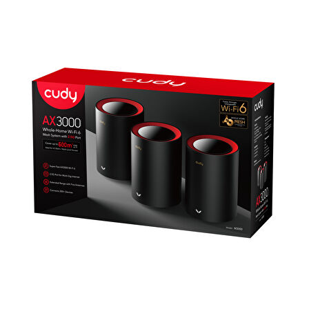 Cudy Router M3000 3-Pack Ax3000Mbps 2.4Ghz/5Ghz Ap/Re/Wısp 2.5Ge Mu-Mımo Kablosuz 3'Lü Mesh Wi-Fi 6