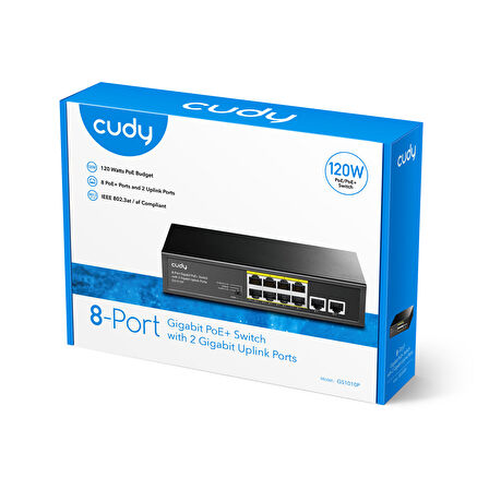 Cudy Switch 8 Port Gs1010P 10/100/1000Mbps 2Xge Uplink Vlan&Extend Mode 250M 120W Poe+ Ethernet