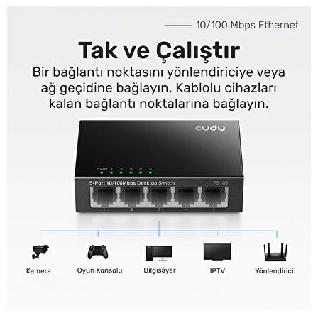 Cudy FS105 5Port 10/100Mbps Duvar Montajlı Metal Masaüstü Switch