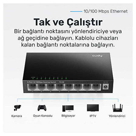 Cudy FS108 8Port 10/100Mbps Duvar Montajlı Metal Masaüstü Switch