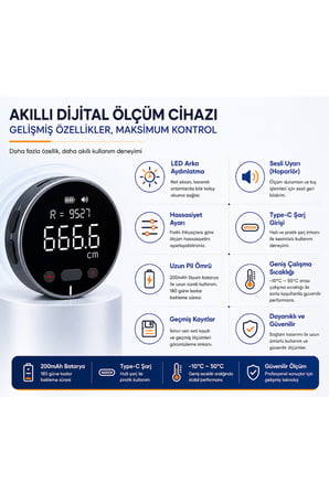 Dijital Mesafe Ölçüm Tekerleği LCD Ekranlı Şarjlı Hassas Ölçer 0-99.9m