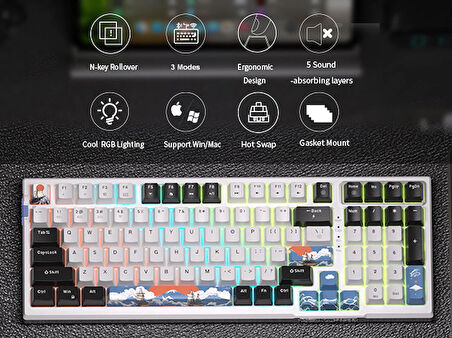 MageGee SKY98 99 Tuş Kablosuz RGB Hot-Swap Gasket Siyah-Beyaz Gaming Klavye 