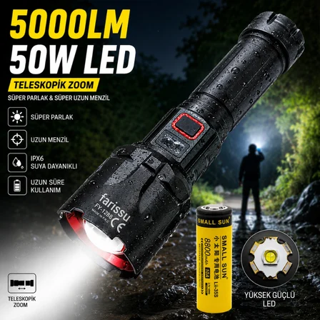 FY-T288 50W 5000 Lümen Ultra Parlak Şarjlı El Feneri | 1.5 Km Menzilli, Powerbank Özellikli