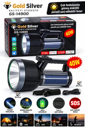 Gold Silver  40W Güneş Enerjili Şarj Edilebilir El Feneri – 8800 mAh Powerbank Özellikli