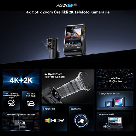Viofo A329T 2 Kameralı Ön+Arka 4K 60FPS+2K Wi-Fi 6 HDR Sony STARVIS 2 Sensör GPS'li SSD Destekli Araç Kamerası
