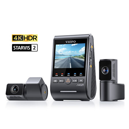 Viofo A329T 3 Kameralı Ön+İç+Arka 4K+2K+2K Wi-Fi 6 HDR Sony STARVIS 2 Sensör GPS'li SSD Destekli Araç Kamerası
