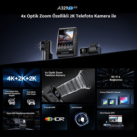 Viofo A329T 3 Kameralı Ön+İç+Arka 4K+2K+2K Wi-Fi 6 HDR Sony STARVIS 2 Sensör GPS'li SSD Destekli Araç Kamerası