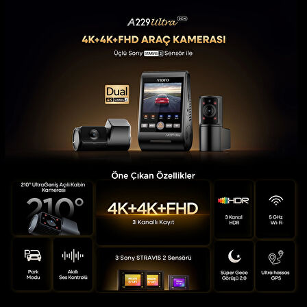 Viofo A229 Ultra 3 Kameralı Ön+Arka+İç 4K+4K+1080P HDR Sony STARVIS 2 Sensörlü Wi-Fi 6 GPS'li Araç Kamerası