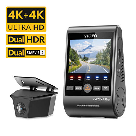 Viofo A229 Ultra 2 Kameralı Ön ve Arka Dış Su Geçirmez 4K+4K Sony Starvis 2 Sensörlü Dual HDR Wi-Fi 6 GPS'li Araç Kamerası