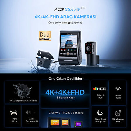 Viofo A229 Ultra-W 3 Kameralı Ön+Arka Su Geçirmez+İç 4K+4K+1080P HDR Sony STARVIS 2 Sensörlü GPS'li Araç Kamerası
