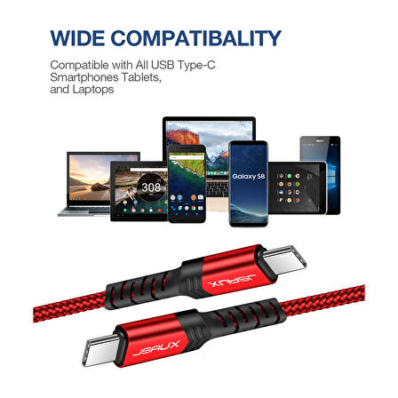 Jsaux Premium Serisi Type-C To Type-C 60W 480 Mbps CC0018 1 Metre Hızlı Şarj , ipad , macbook ve iphone 15 serisi uyumlu Usb-c girişli cihazlar ile uyumlu Kırmızı