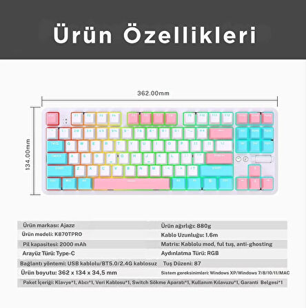 Ajazz K870T Pro Kablosuz Hot Swap Mekanik Oyun Klavyesi-RGB - 10 Adet Switch, Tuş ve Switch Sökme Aparatı Hediyeli (Beyaz - Red Switch)