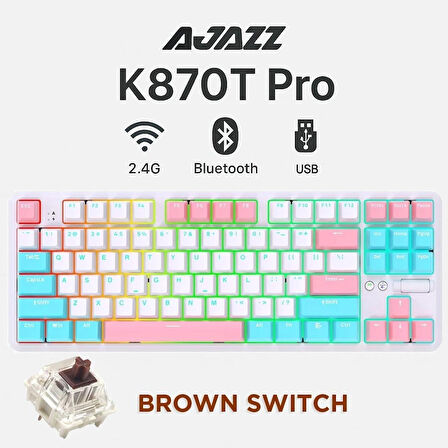 Ajazz K870T Pro Kablosuz Hot Swap Mekanik Oyun Klavyesi-RGB - 10 Adet Switch, Tuş ve Switch Sökme Aparatı Hediyeli (Beyaz - Brown Switch)