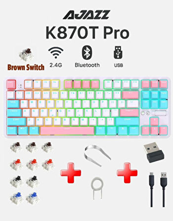 Ajazz K870T Pro Kablosuz Hot Swap Mekanik Oyun Klavyesi-RGB - 10 Adet Switch, Tuş ve Switch Sökme Aparatı Hediyeli (Beyaz - Brown Switch)