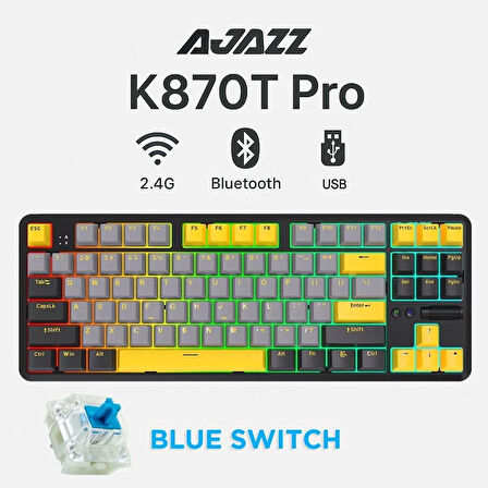 Ajazz K870T Pro Kablosuz Hot Swap Mekanik Oyun Klavyesi-RGB - 10 Adet Switch, Tuş ve Switch Sökme Aparatı Hediyeli  Siyah - Blue Switch