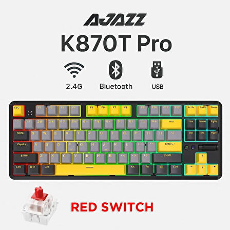 Ajazz K870T Pro Kablosuz Hot Swap Mekanik Oyun Klavyesi-RGB - 10 Adet Switch, Tuş ve Switch Sökme Aparatı Hediyeli  Siyah - Red Switch