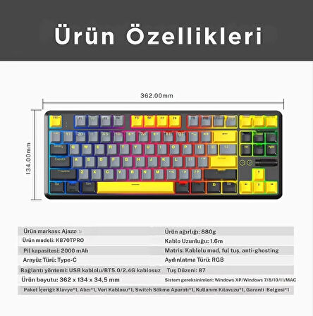 Ajazz K870T Pro Kablosuz Hot Swap Mekanik Oyun Klavyesi-RGB - 10 Adet Switch, Tuş ve Switch Sökme Aparatı Hediyeli  Siyah - Red Switch