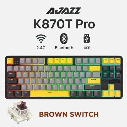 Ajazz K870T Pro Kablosuz Hot Swap Mekanik Oyun Klavyesi-RGB - 10 Adet Switch, Tuş ve Switch Sökme Aparatı Hediyeli (Siyah - Brown Switch)