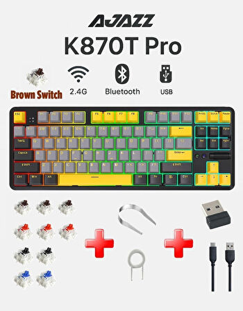 Ajazz K870T Pro Kablosuz Hot Swap Mekanik Oyun Klavyesi-RGB - 10 Adet Switch, Tuş ve Switch Sökme Aparatı Hediyeli (Siyah - Brown Switch)