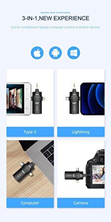 3 in 1 Wireless Type-C Lightning 3.5 mm Aux Kablosuz Yaka Mikrofonu iPhone PC Android iOS Uyumlu