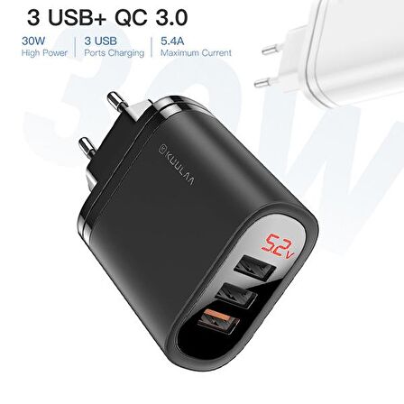 Kuula Mirror USB 30 Watt Hızlı Şarj Adaptörü Siyah