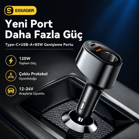 ESSAGER 120W Süper Hızlı Araç Şarj Cihazı – 35W Type-C + 30W USB Hızlı Şarj ve 85W Çakmaklık Çoklayıcı