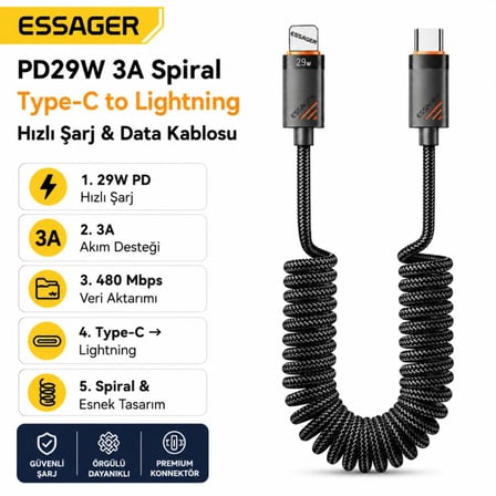 Essager PD29W 3A Type-C to Lightning Spiral Hızlı Şarj ve Data Kablosu l Örgülü Esnek Araç İçi iPhone Şarj Kablosu
