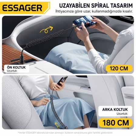 Essager PD29W 3A Type-C to Lightning Spiral Hızlı Şarj ve Data Kablosu l Örgülü Esnek Araç İçi iPhone Şarj Kablosu