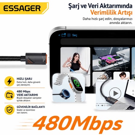Essager PD29W 3A Type-C to Lightning Spiral Hızlı Şarj ve Data Kablosu l Örgülü Esnek Araç İçi iPhone Şarj Kablosu