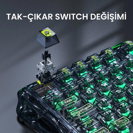 GravaStar Mercury K1 Lite RGB Kablosuz Mekanik Gaming Klavye, Türkçe Q, Transparan Siyah