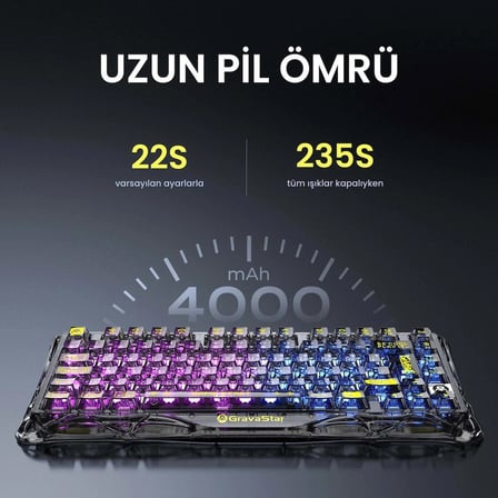 GravaStar Mercury K1 Lite RGB Kablosuz Mekanik Gaming Klavye, Türkçe Q, Transparan Siyah