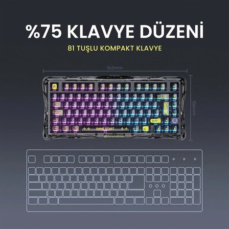 GravaStar Mercury K1 Lite RGB Kablosuz Mekanik Gaming Klavye, Türkçe Q, Transparan Siyah